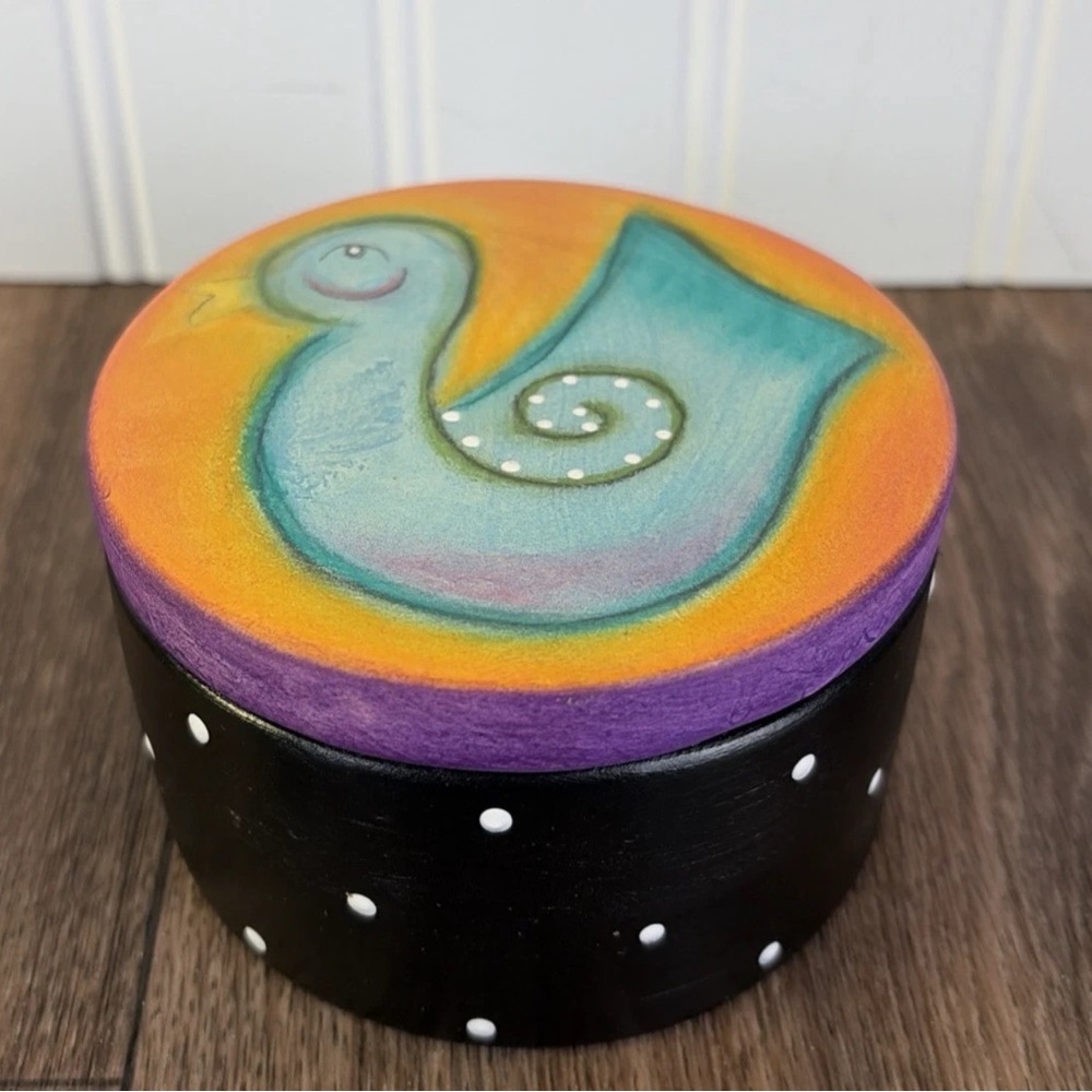 Whimsical Hand Painted Blue Bird Round Trinket Box with Polka Dot Base